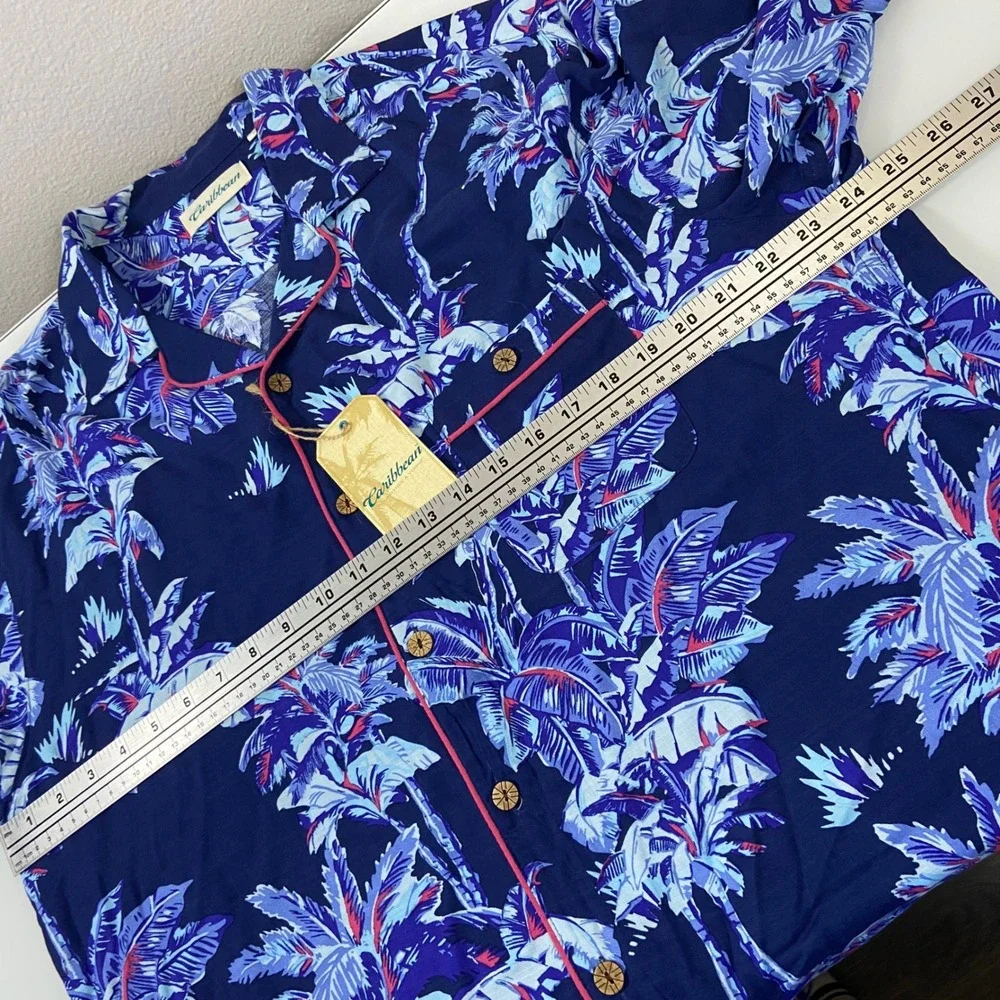 Caribbean Mens Large Tropical Palm Tree‎ Pajama Hawaiian Blue Button Up New
